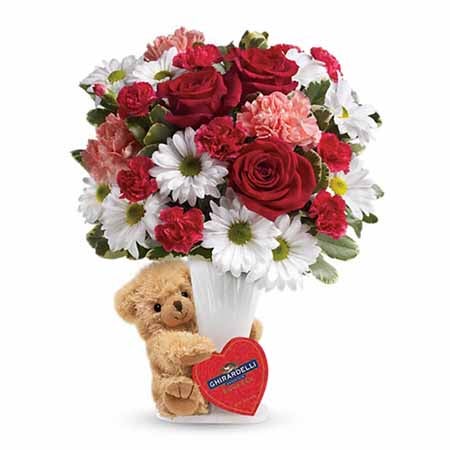 A Bouquet of Red Roses and Pink Carnations in a White Vase with a Petite Plush Teddy and Ghirardelli Chocolates