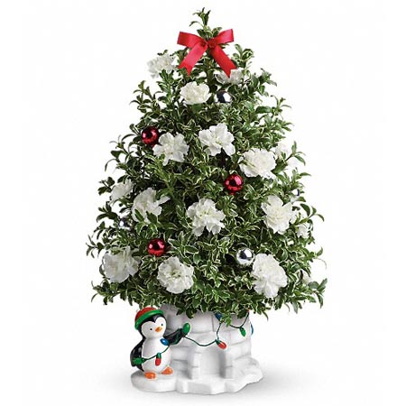 Small Tree Delivery that includes White Mini Carnations, Fresh Oregonia, Ornaments, and Red Ribbon Bow in a Penguin Porcelain Vase