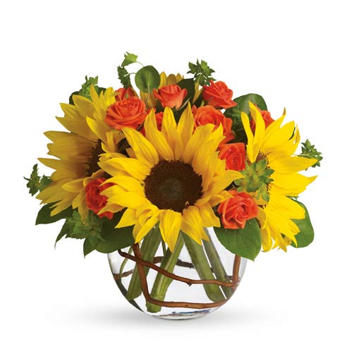 Sunflower bouquet delivery from send flowers with mini orange roses and cheap flowers