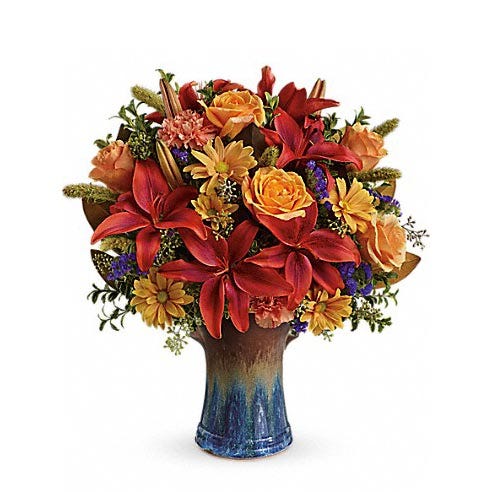 Autumn orange lily and peach rose bouquet with Fall Thanksgiving flowers