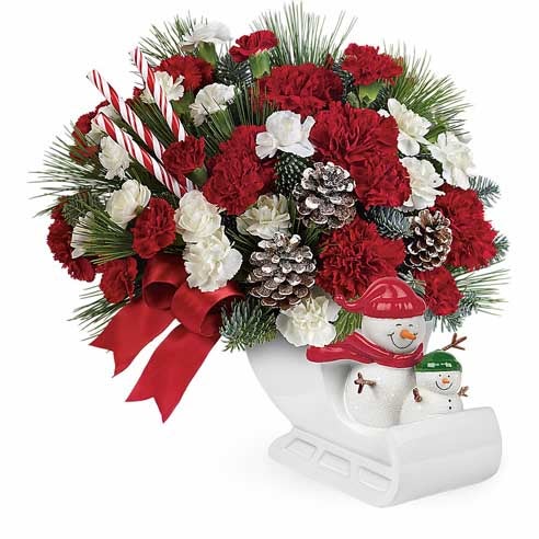 Snowman flower arrangement including Red Carnations, White Carnations, and Pine Cones in a Sleigh Vase