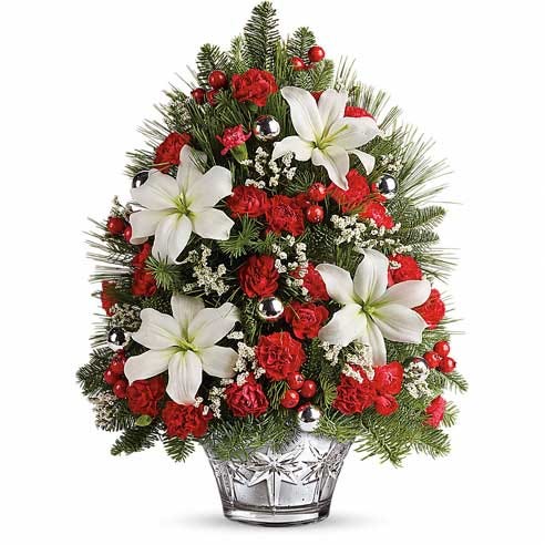 Small christmas tree delivery and mini christmas tree with red carnations and white lily
