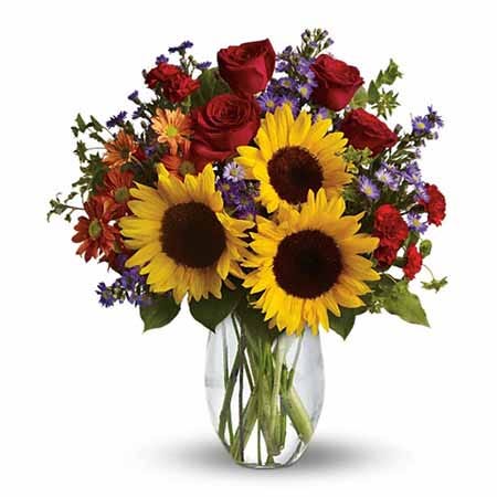 Sunflower red rose bouquet with lavender casino asters, buplerum and pitta negra