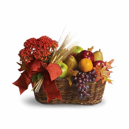 Pears, Apples, Tangerines, and Kalanchoe Planter on an Oval Woven Container