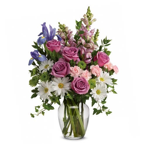 Spring lavender rose and white daisy bouquet with irises and white daisies