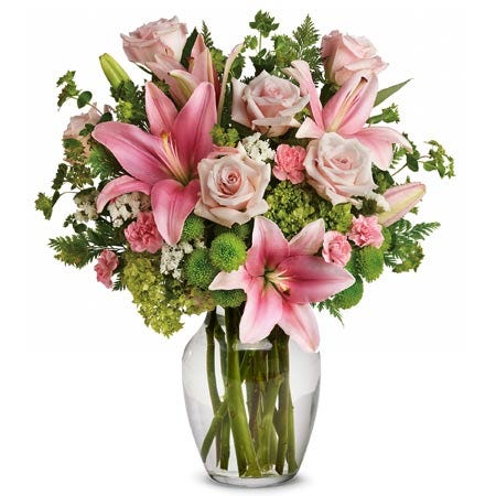 green pink flower bouquet with pink lily, pale rose and cheap premium flowers