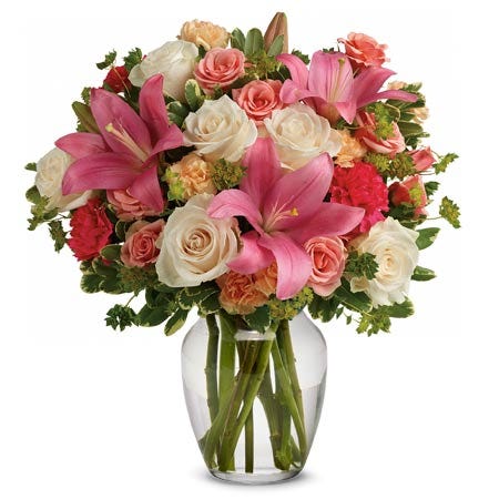 Mixed flower bouquet with pink lily, pale roses and miniature spray roses