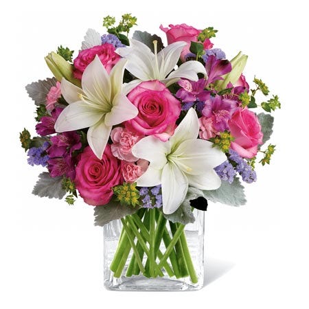 Hot pink rose and white lily bouquet with purple alstroemeria and lavender statice