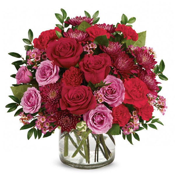 Red and lavender mixed roses bouquet with red and purple roses and purple chrysanthemums