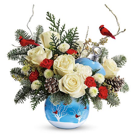 cardinal flower ornament bouquet with white roses red carnations and cardinal birds