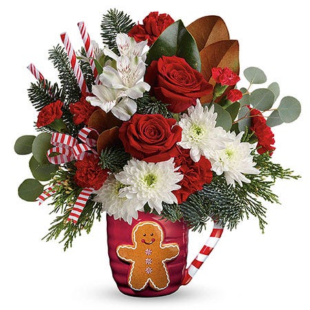 Gingerbread man flower coffee mug bouquet for same day christmas flower delivery