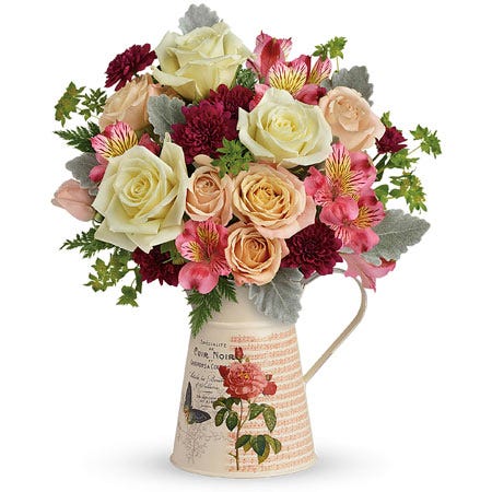 Peach rose flower pitcher bouquet with peach roses white roses pink alstroemeria