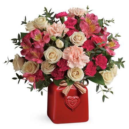 Rustic Valentine's Day flower delivery from Send Flowers with heart print vase