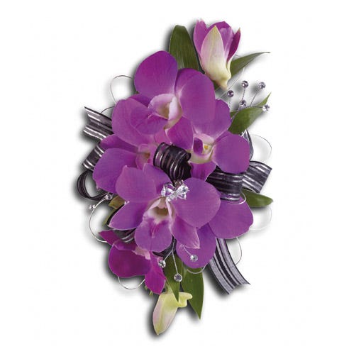 Purple dendrobium orchid wristlet corsage for tuxedo jacket, wedding or prom dress