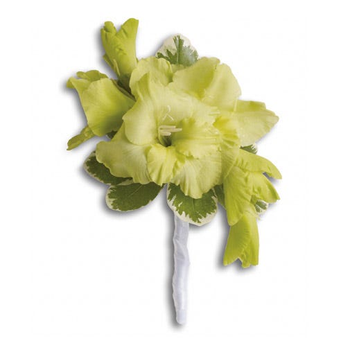 green gladioli flower boutonniere and tuxedo jacket flowers arrangement