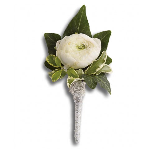 white ranunculus corsage wristlet boutonniere flower arrangement