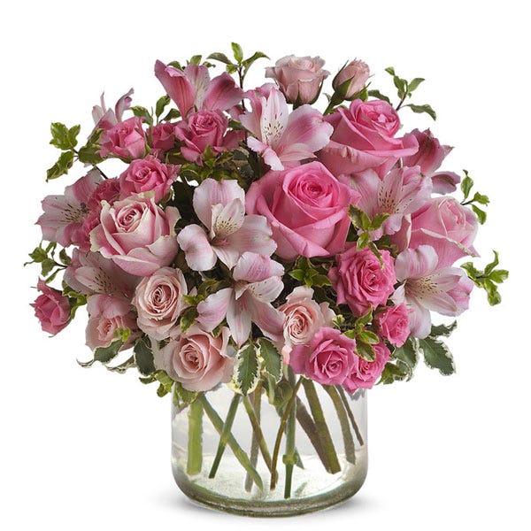 Potpourri pink rose mixed bouquet with pink alstroemeria and french country pot
