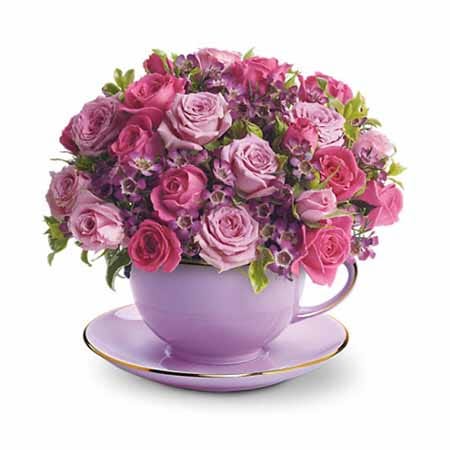 Cup of Purple Roses Bouquet with cheap flowers from sendflowers