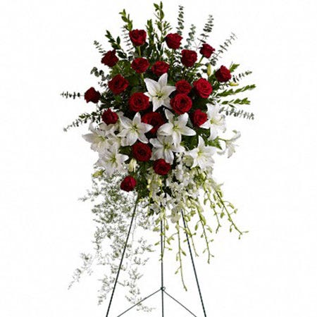 white lily and red rose standing spray for funeral, visitation, and memorial service