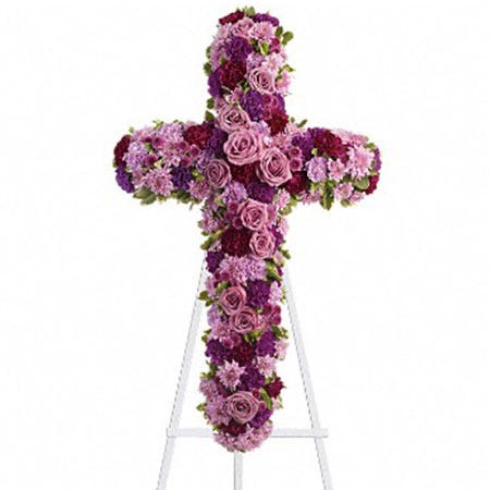Lavender rose cross shaped funeral flowers standing spray with easel stand