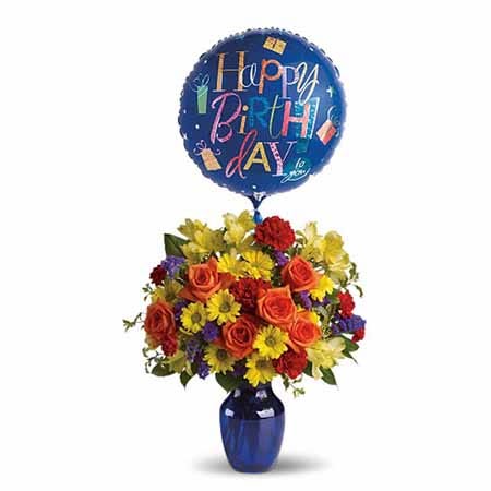 Happy birthday flower and balloon bouquet with orange roses and mylar birthday balloon