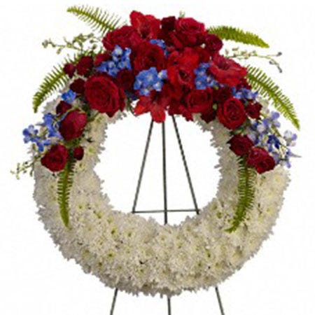 funeral open wreath standing spray with white chrysanthemums, red roses, and red gladioli