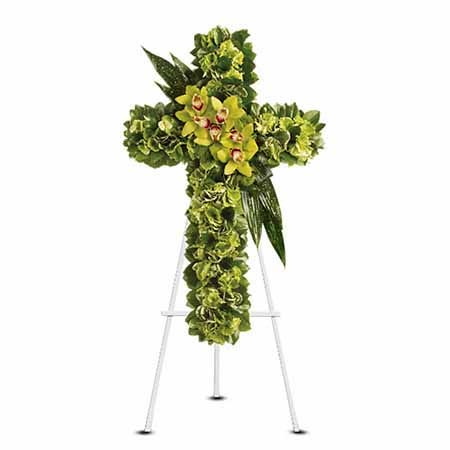 green cymbidium orchid cross shaped funeral flowers standing spray