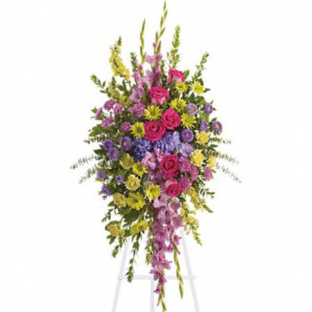 Oval shaped spring flowers funeral standing spray with purple hydrangea and asters