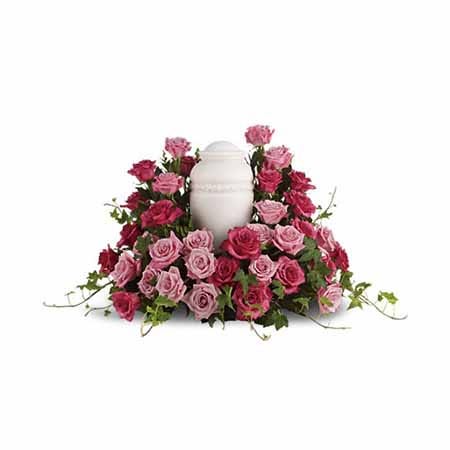An urn pink rose bouquet