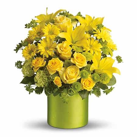 Yellow roses in green vase with green flowers from SendFlowers