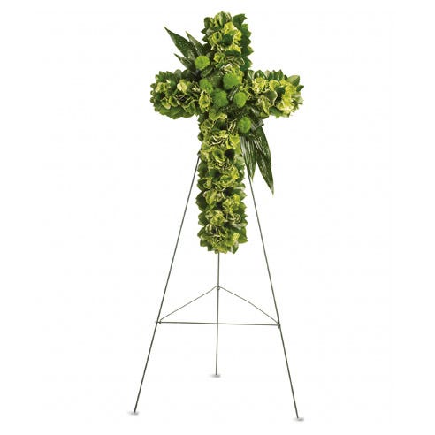 Green hydrangea and dianthus funeral flowers cross standing spray arrangement