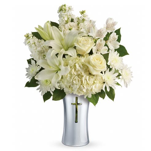 white flower cross bouquet and sympathy flowers bouquet from send flowers