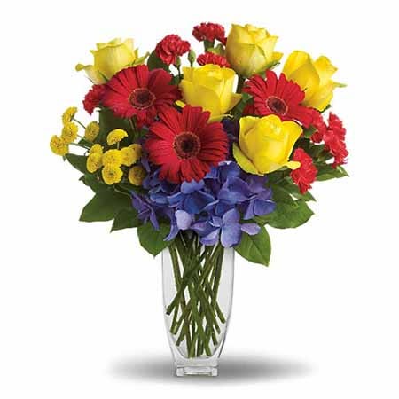 SendFlowers' yellow roses and red daisies as cheap flowers online