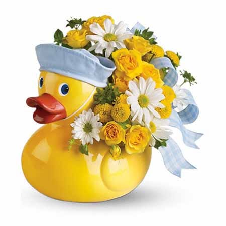 Its a boy newborn little baby boy duck flowers bouquet with ducky flower vase