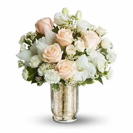 White gladioli and rose bouquet with white lisianthus and cream roses