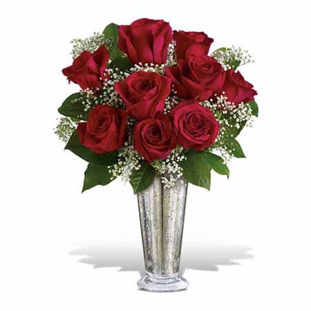 Long stem red roses million star gypsophila bouquet in silver sparkle vase