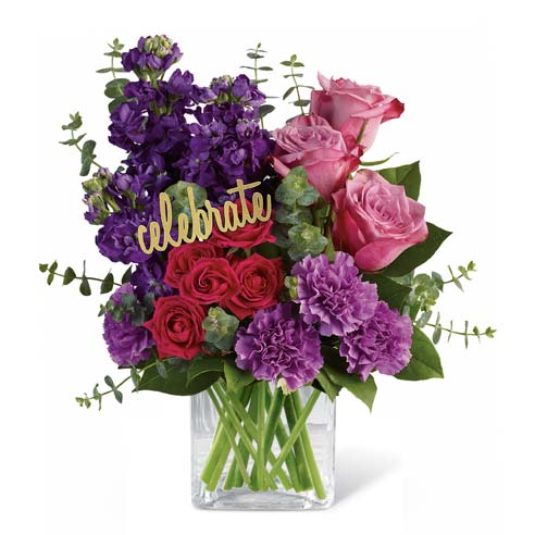 Purple flowers bouquet with red roses, pink roses, purple carnations and purple stock