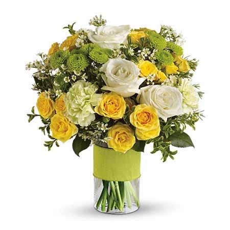 yellow and green flower bouquet with pale green carnations and mini yellow roses