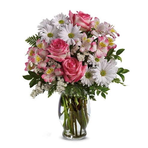 Cheap pink rose and white daisy bouquet with pink alstroemeria in glass vase