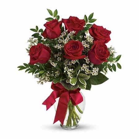 A Bouquet of 3 Pieces to 9 Pieces Red Roses and Lush Greens in a Clear Vase with Love-Theme Ribbon