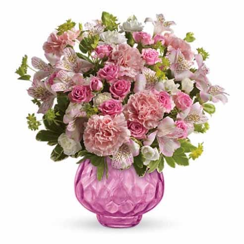 All pink mixed flower bouquet with pink carnations, pink alstroemeria & mini roses