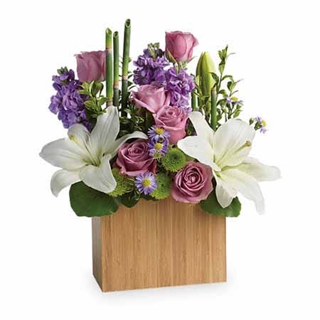Lavender roses zen flower arrangement in wooden flower vase with card