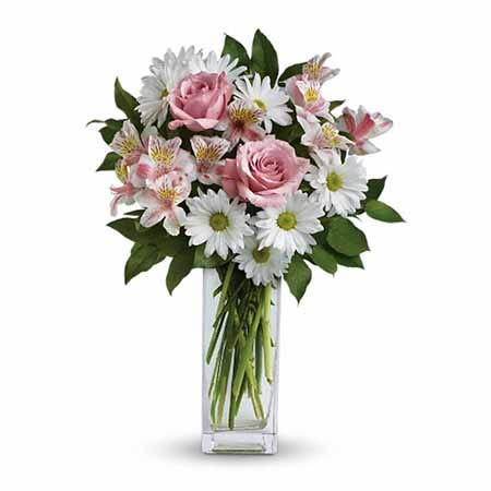 Cheap pale pink rose bouquet with white daisies and cheap flowers in glass vase