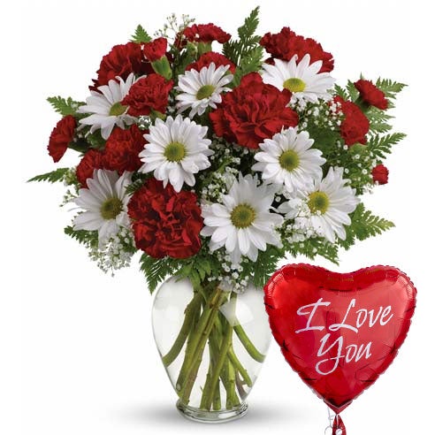 A Bouquet of  Red Carnations, Mini Ruby Carnations, White Daisy Spray Chrysanthemums, Million Star Gypsophila and Leatherleaf Fern in a Clear Vase with 1 Love-Themed Mylar Balloon