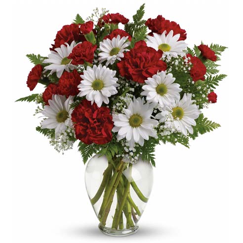 A Bouquet of  Long Stem Red Roses, and Maroon Carnations in a Clear Glass Vase with Card Message