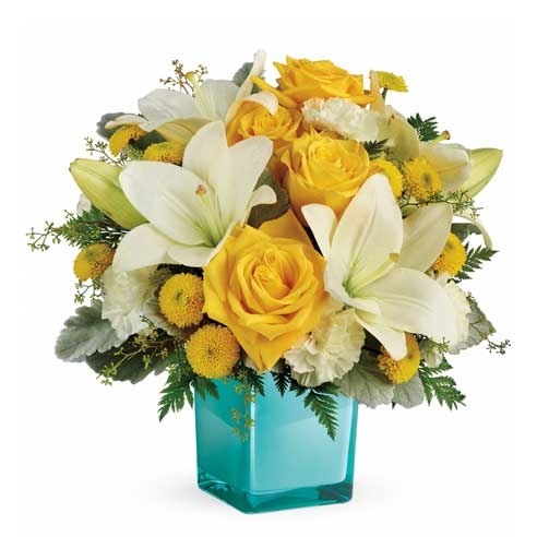 Spring flower delivery with yellow roses, white lilies, yellow mums and cheap flowers