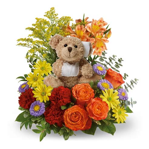 A Bouquet of Orange Roses, Orange Alstroemeria, Red Carnations, Lavender Aster Matsumotos, Yellow Daisy Spray Chrysanthemums, Yellow Solidago, Variegated Pittosporum, Spiral Eucalyptus, Huckleberry and Lemon Leaf with Teddy Toy