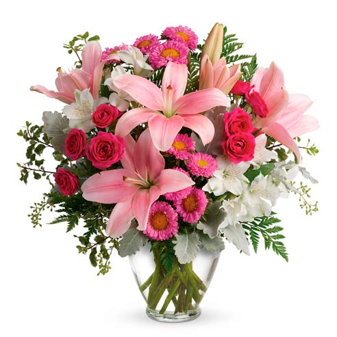 Mother's Day flowers delivery with pink lilies, hot pink roses and alstroemeria
