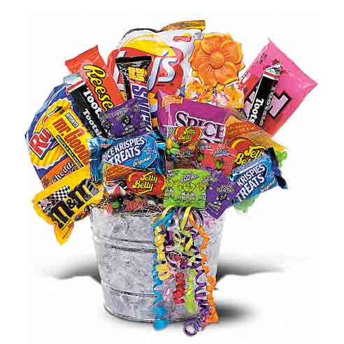 Assortment of Chocolate and Candy and Potato Chips in a Galvanized Tin Container with Curling Ribbon