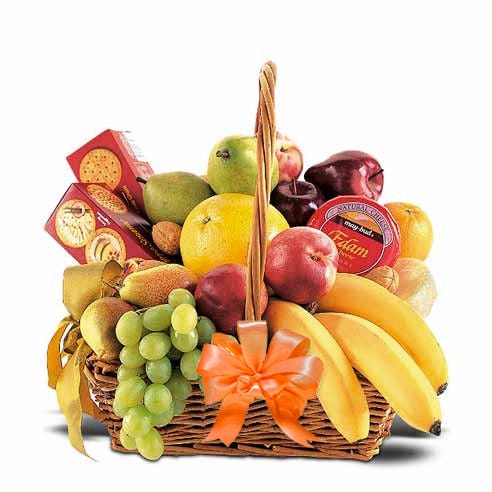 Fall fruits gift basket with orange bow, cheap fruit and cheese gift basket
